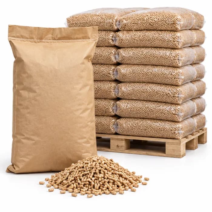 Granulés de bois conditionnés en sacs et en palette